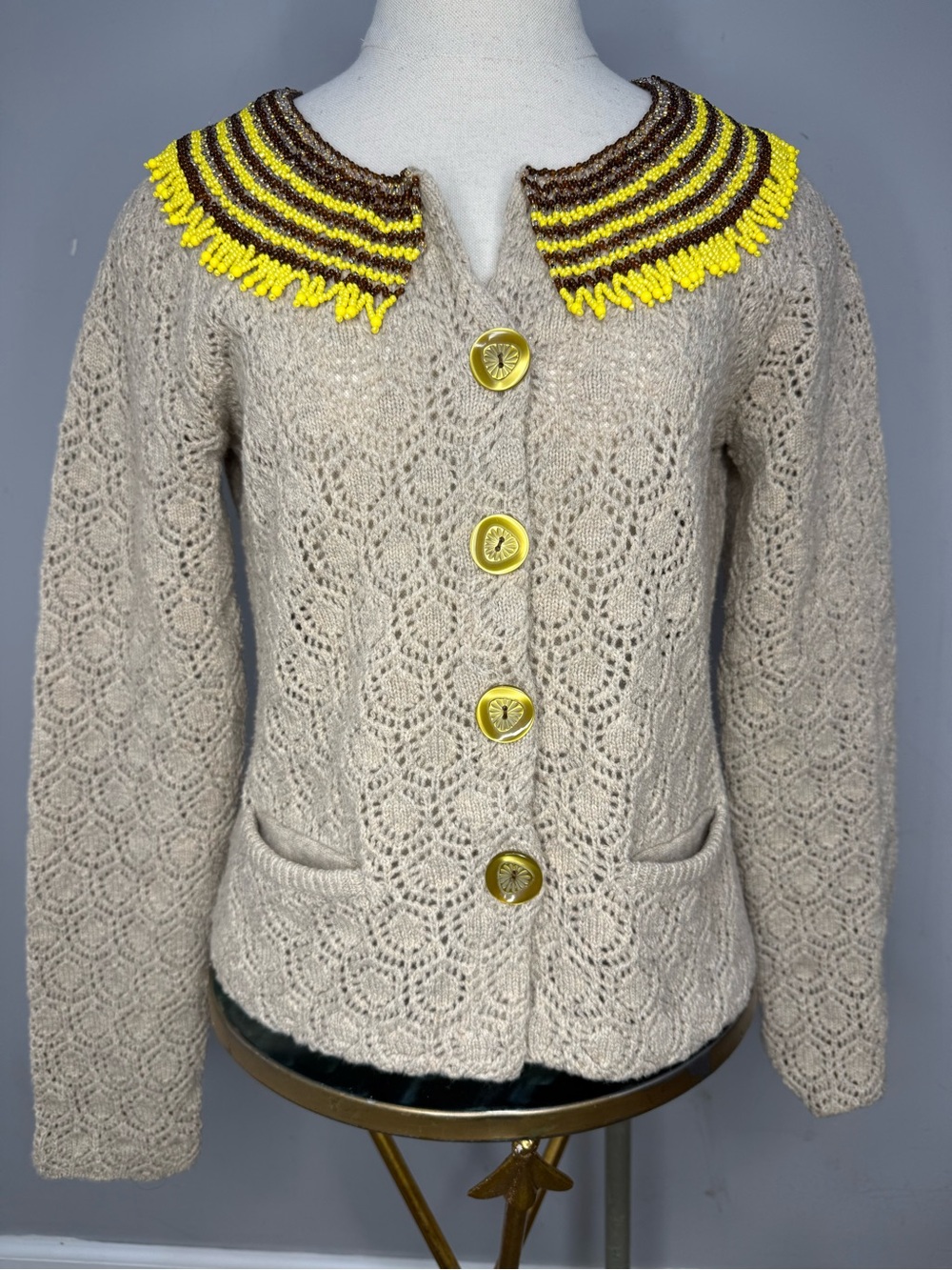 Anthropologie brand SPARROW 100% Lambswool Beaded Collar Cardigan Sweater